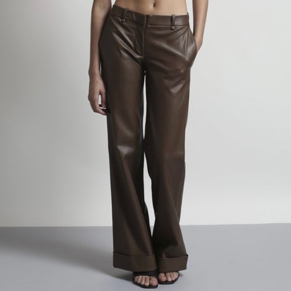 Aya Muse Charlie Low Rise Wide Leg Faux Vegan Leather Pants Brown Casual Party - Picture 2 of 8